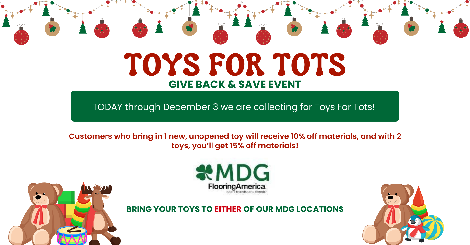 Toys for Tots - 1 toy for 10% off and 2 toys for 15% off materials 