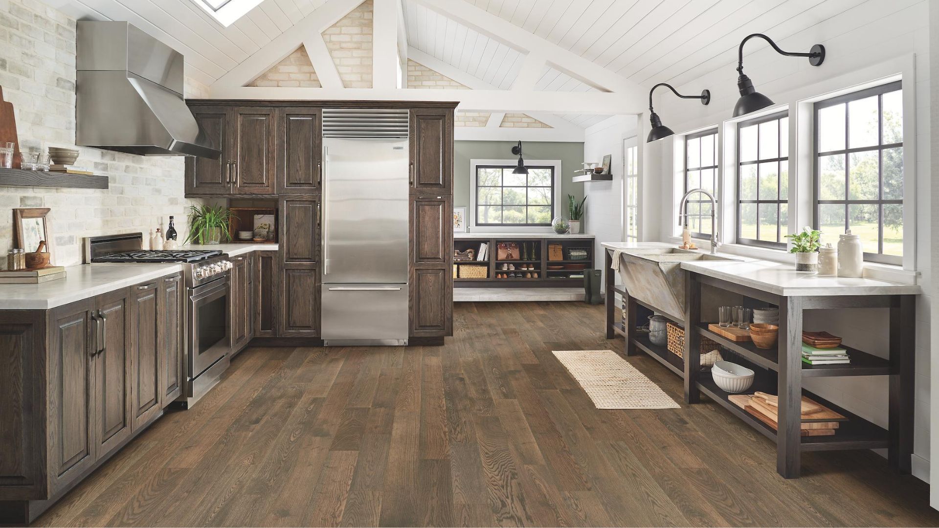 hardwood flooring in a large farmhouse kitchen